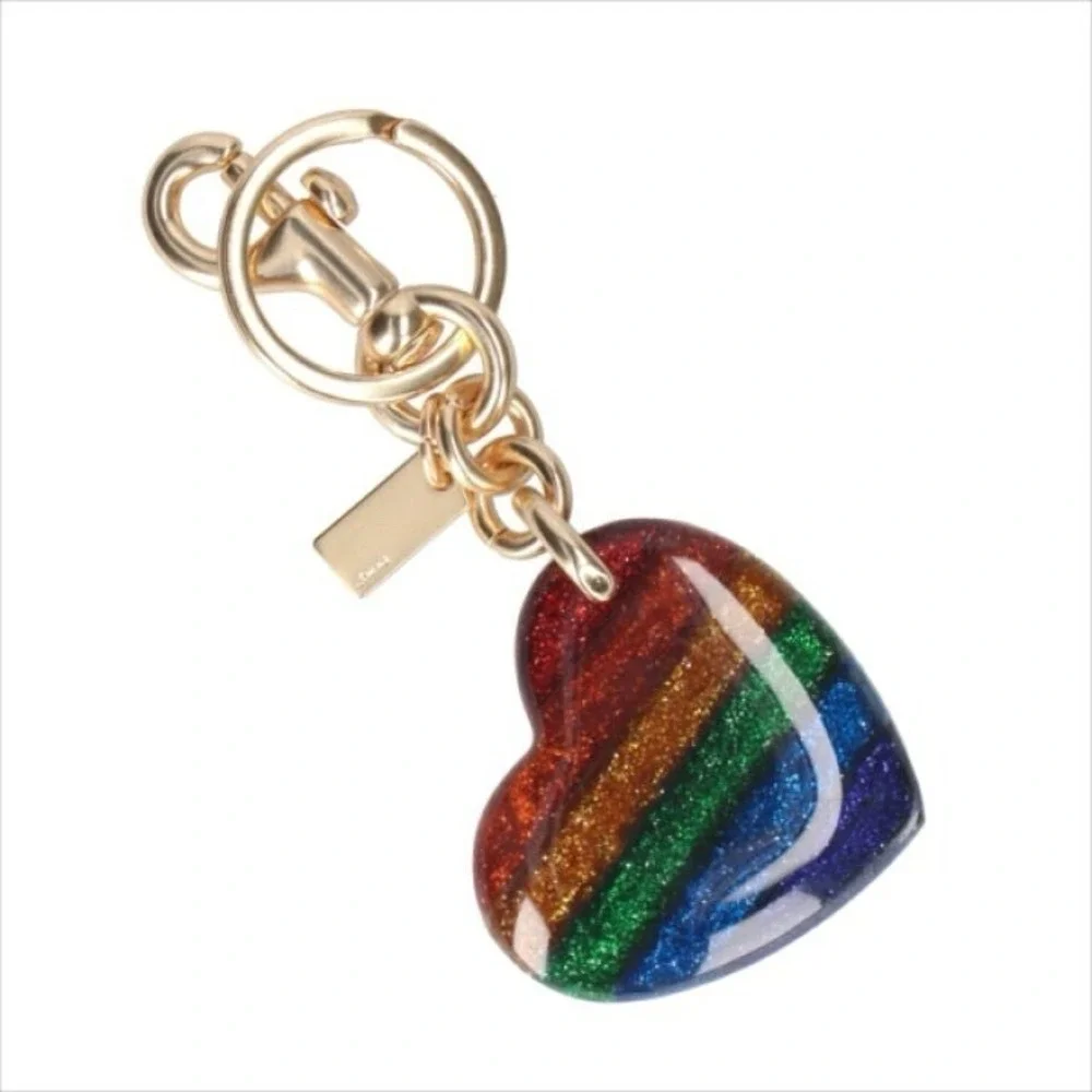 Coach Sprinkle Signature Heart Bag Charm Rainbow Pride Glitter Keychain NEW HTF!